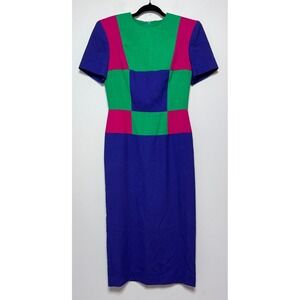 Vintage 80s Leslie Lucks Color Block Secretary Dress Size 6 Retro Old Money Bold